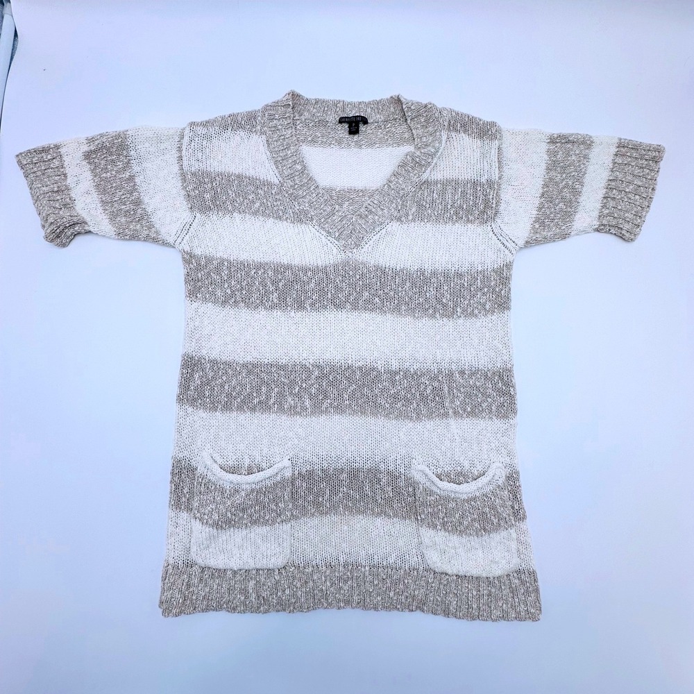Lafayette 148 New York Linen Cotton Striped V-Neck Tunic Sweater Beige White P